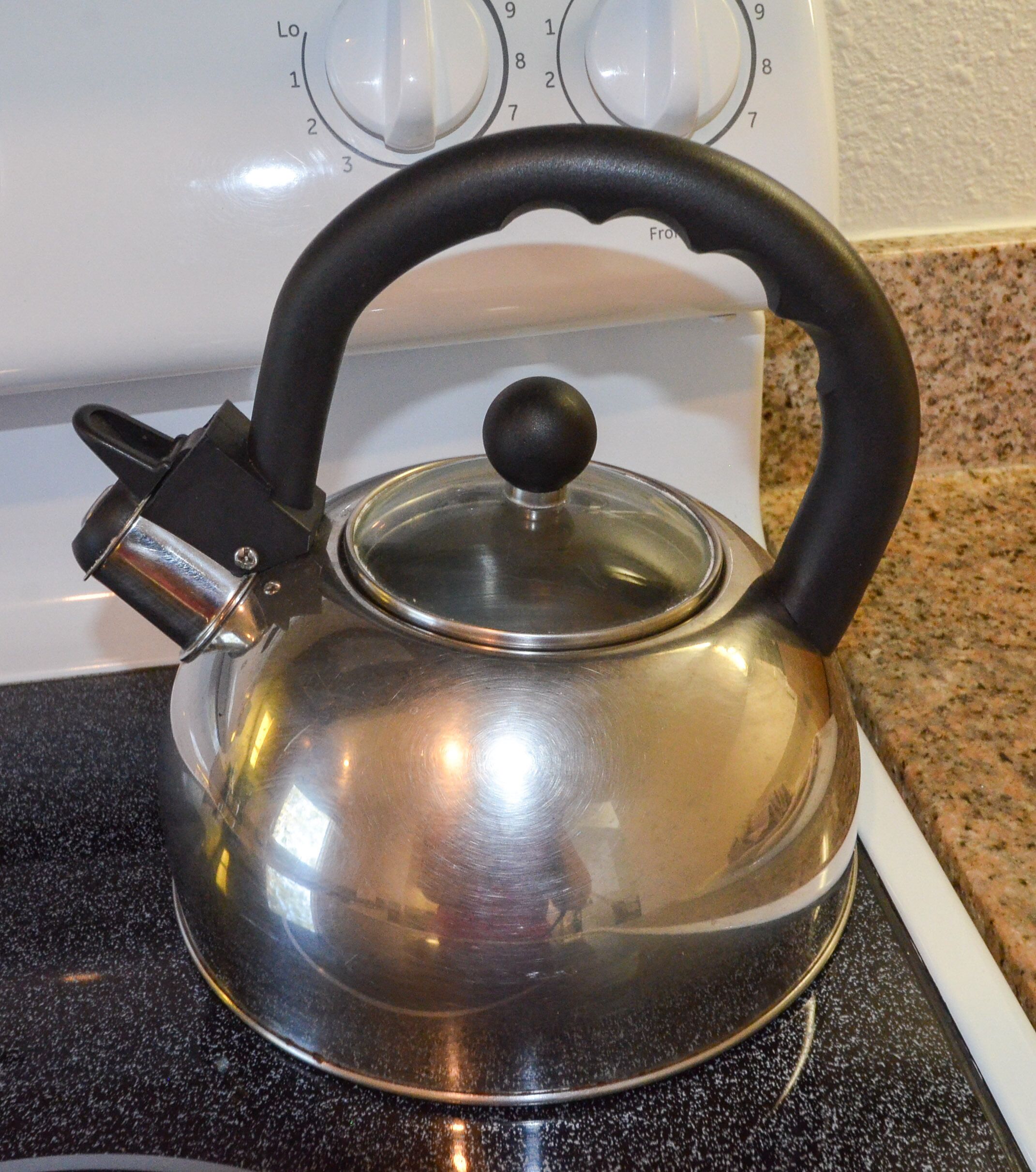 A stainless steel kettle with a black handle and lid on a stove.