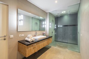 Combined shower/bathtub, hair dryer, towels, shampoo