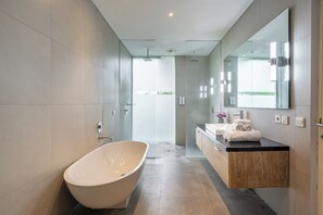 Bañera con ducha, secador de pelo, toallas, shampoo