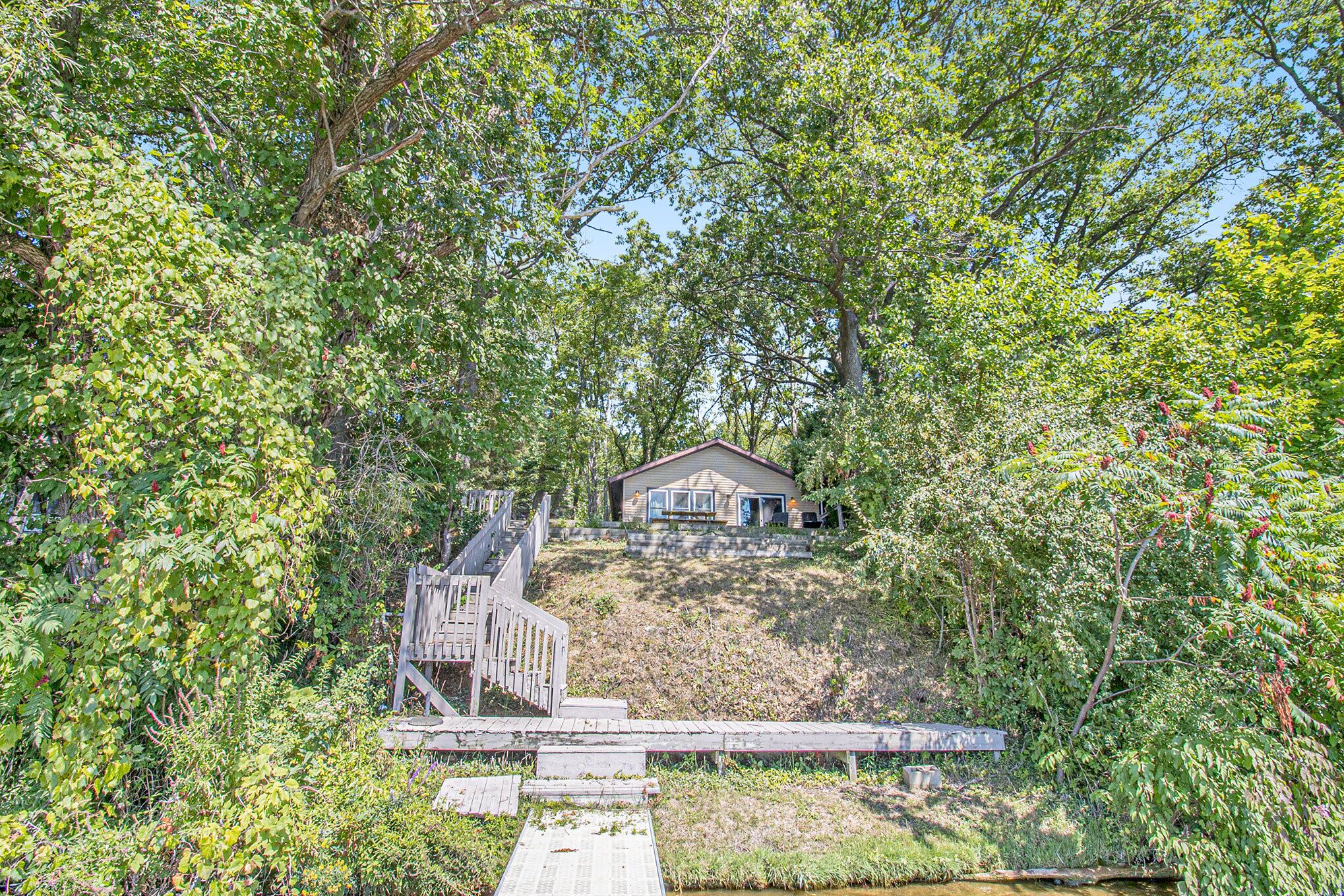 A house surrounded by dense foliage, with a wooden dock extending into a body of water.
