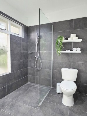 Dusche, kostenlose Toilettenartikel, Haartrockner, Handtücher