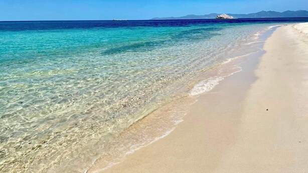 Ein Strand mit klarem türkisblauem Wasser und einem sandigen Ufer.