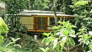 A small, single-story structure surrounded by dense forest.