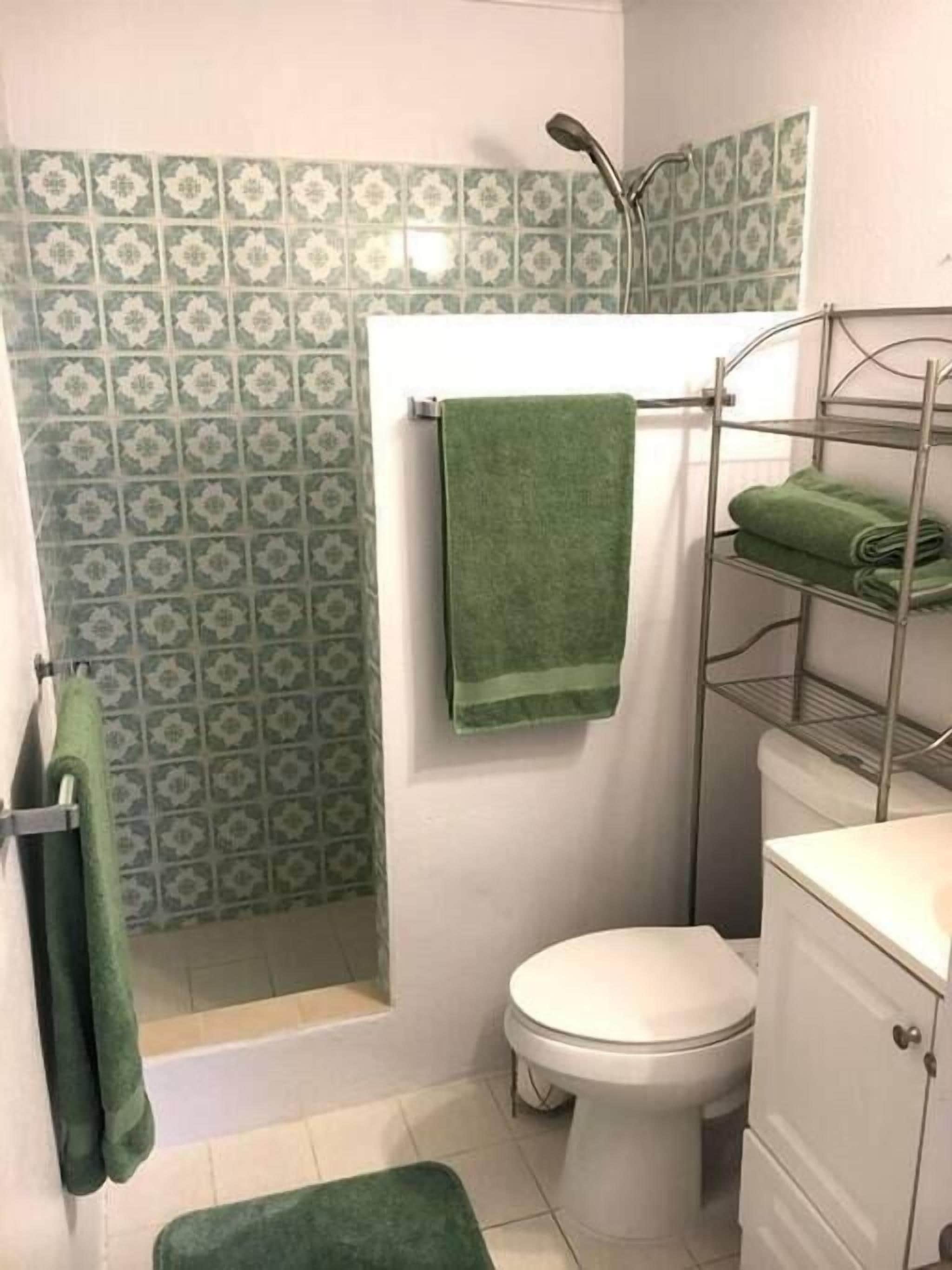 Un bagno con doccia, WC e lavabo.