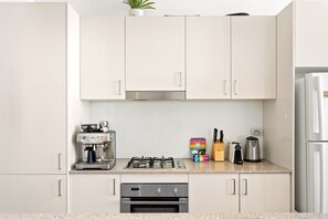 Fridge, microwave, oven, stovetop