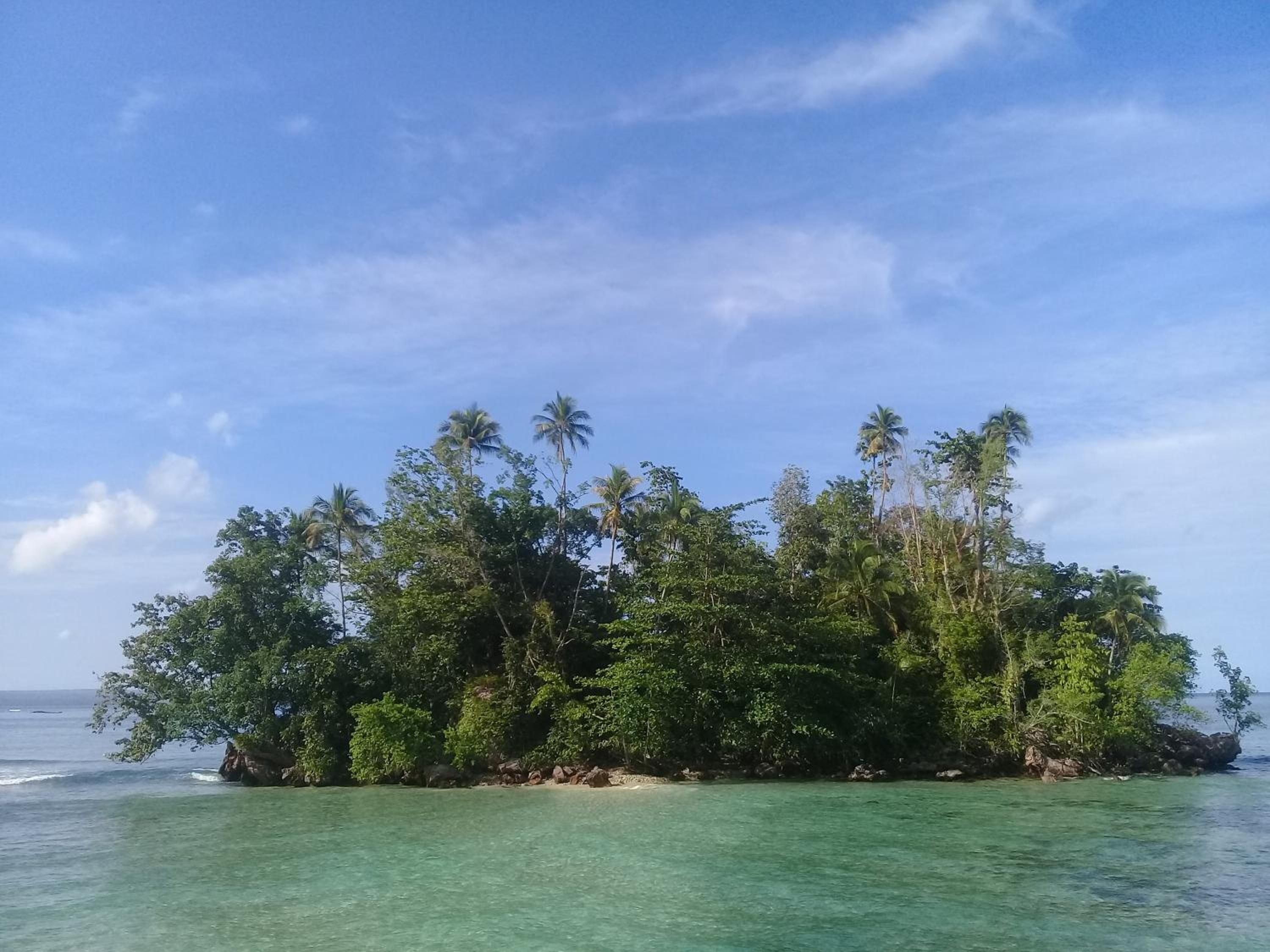 A tropical island with dense vegetation and clear turquoise waters.