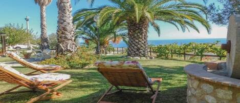 Un jardín con palmeras, una piscina y vistas al mar.
