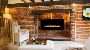 Smart TV, fireplace, books