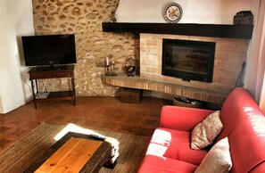 Télévision, cheminée, livres