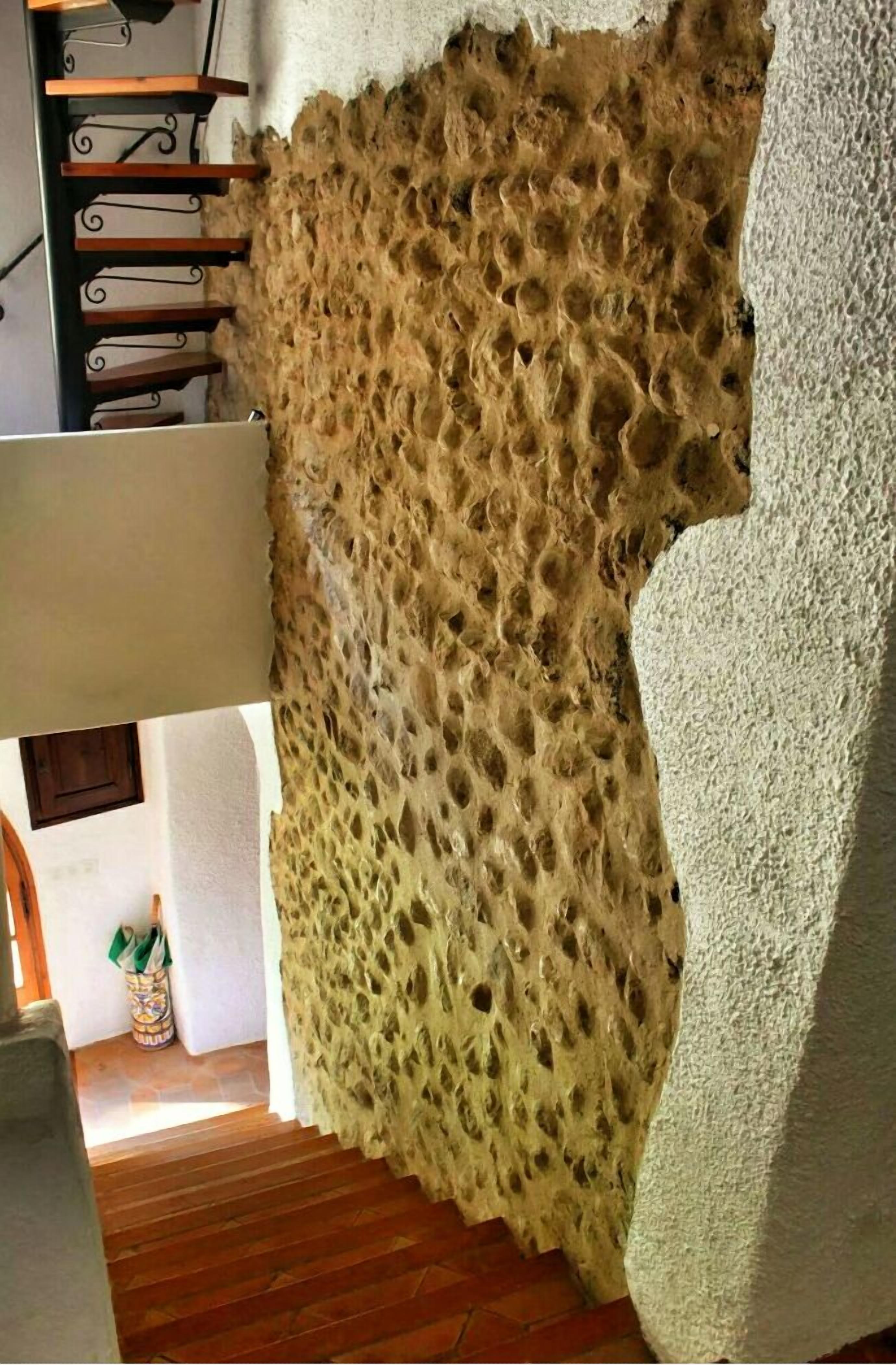 Una stanza con un muro strutturato, un divano bianco e un pavimento in legno.