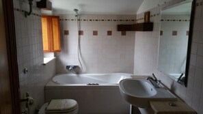 Tina con regadera, secadora de cabello, bidet, toallas 