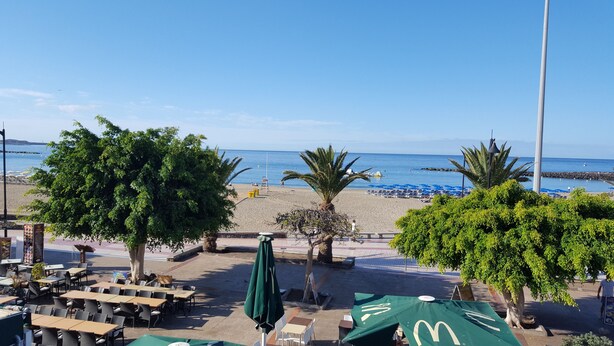 Un restaurante en la playa con terraza al aire libre, palmeras y vistas a la playa y al océano.