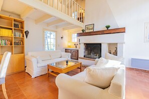 Télévision, cheminée, table de tennis de table, livres