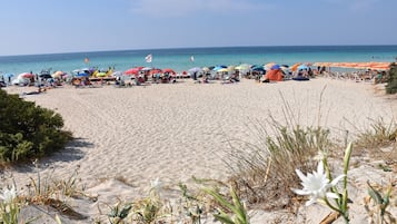 Una spiaggia con numerosi ombrelloni colorati e lettini, tipica di un resort sulla spiaggia.