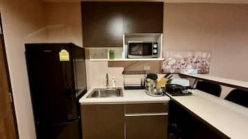 Fridge, microwave, electric kettle, toaster