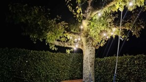 Un árbol con luces colgantes, una hamaca y una mesa de picnic en un jardín de noche.