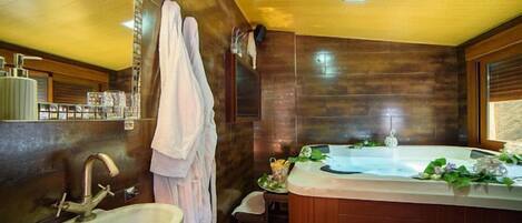 Shower, jetted tub, hair dryer, towels