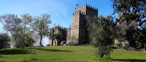 Un castillo de piedra histórico con una bandera, rodeado de un césped y árboles.