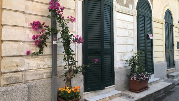 Ein Gebäude mit drei Rundbogenfenstern und einer Tür, jedes mit Fensterläden. Auf den Stufen stehen Kübel mit Blumen.