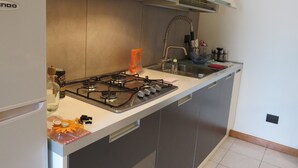 Una cocina moderna con estufa a gas, lavamanos y electrodomésticos de acero inoxidable.