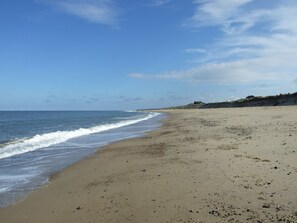 A wide sandy beach with gentle waves, a clear sky, and distant wind turbines.