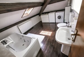 Shower, hair dryer, bidet, towels