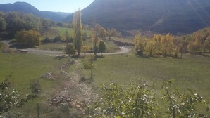 Paisagem rural com estrada, árvores e montanhas ao fundo.