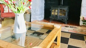 A cozy living room with a fireplace, a glass table, and a vase of flowers. - La Blatière Farmhouse-pool, sauna&gym-games room.Rural setting close to it all.  (La Chapelle- Saint-Etienne)