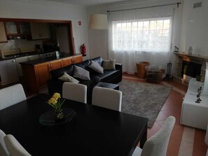 TV, fireplace, DVD player, books