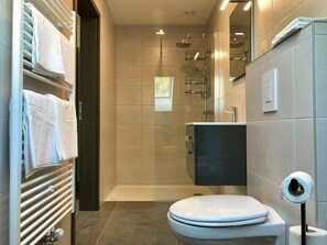 Enjoy a refreshing shower in the sleek bathroom with a walk-in shower, standalone toilet, and vanity.