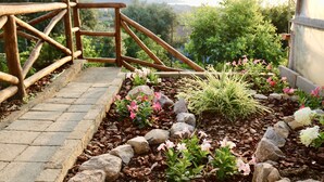 A wooden bridge leading to a garden with various plants and flowers.
