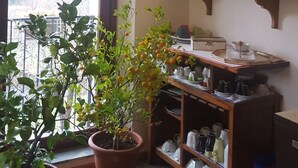 Een kamer met een houten plafond, een potplant, een plank met keukengerei en een raam met uitzicht op bomen.
