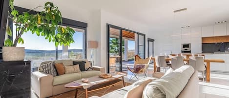 Tv, eldstad och en stereo