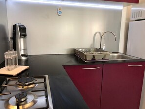 ثلاجة، ميكروويف، موقد طهي مسطح، ماكينة لصنع القهوة/الشاي