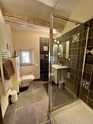 Shower, hair dryer, towels