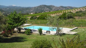Una piscina envoltada per un prat verdós, amb un camp de vinyes i muntanyes al fons.