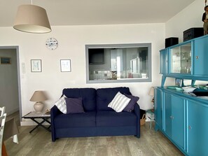 Una televisión, un reproductor de DVD, libros