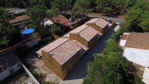 Una hilera de cabañas de madera con techos de tejas, rodeadas de abundante vegetación y una playa al fondo.