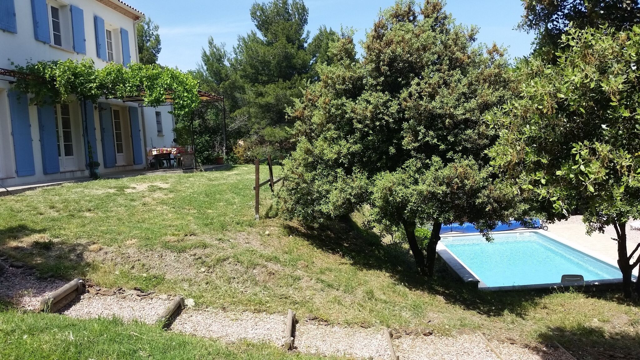 A backyard with a swimming pool, a grassy area, and a building with blue shutters.
