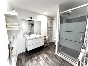 Ducha, secador de pelo, toallas y papel higiénico