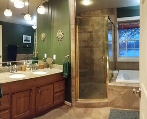 Combined shower/bathtub, jetted bath, hair dryer, towels