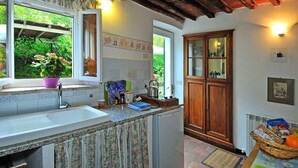 Una cocina con un lavabo, una ventana con una planta en maceta, un armario y una cesta de fruta.