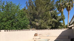 Una piscina con diseño curvo, rodeada por un muro color beige y un césped verde.