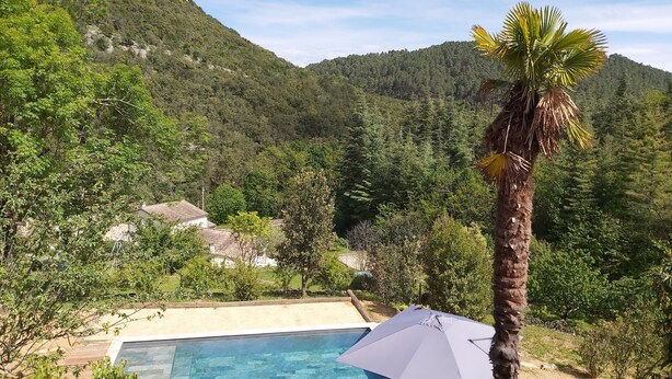 A swimming pool with a white umbrella, surrounded by lush greenery and a mountain backdrop. - BEAUTIFUL RECENT PROPERTY WITH ALL COMFORT, 5 MINS FROM VANS (Pigère)