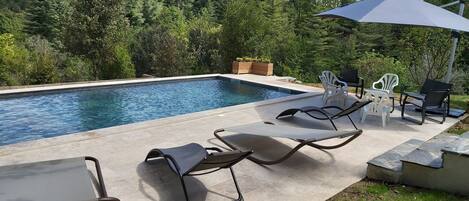 Une piscine entourée de chaises longues et dotée d’un parasol, le tout situé sur une colline boisée.