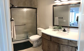 Combined shower/bathtub, hair dryer, towels, soap