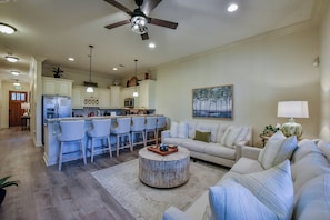Smart TV, fireplace, books