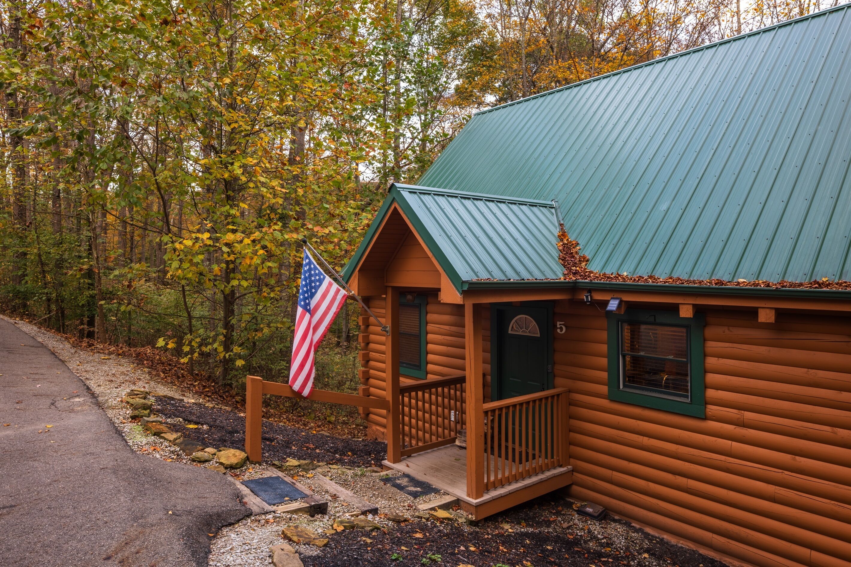 Une cabane en rondins avec un toit végétalisé, une véranda et un drapeau américain.