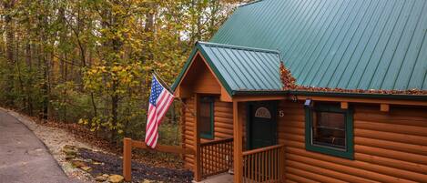 Une cabane en rondins avec un toit végétalisé, une véranda et un drapeau américain.