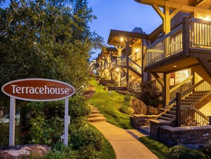 A sign labeled 'Terracehouse' with a pathway leading to a building with multiple balconies and a wooden exterior. - Terracehouse ~ Ski-in/ski-out Retreat with Hot Tub + Fireplace, Walk to Village (Snowmass Village)